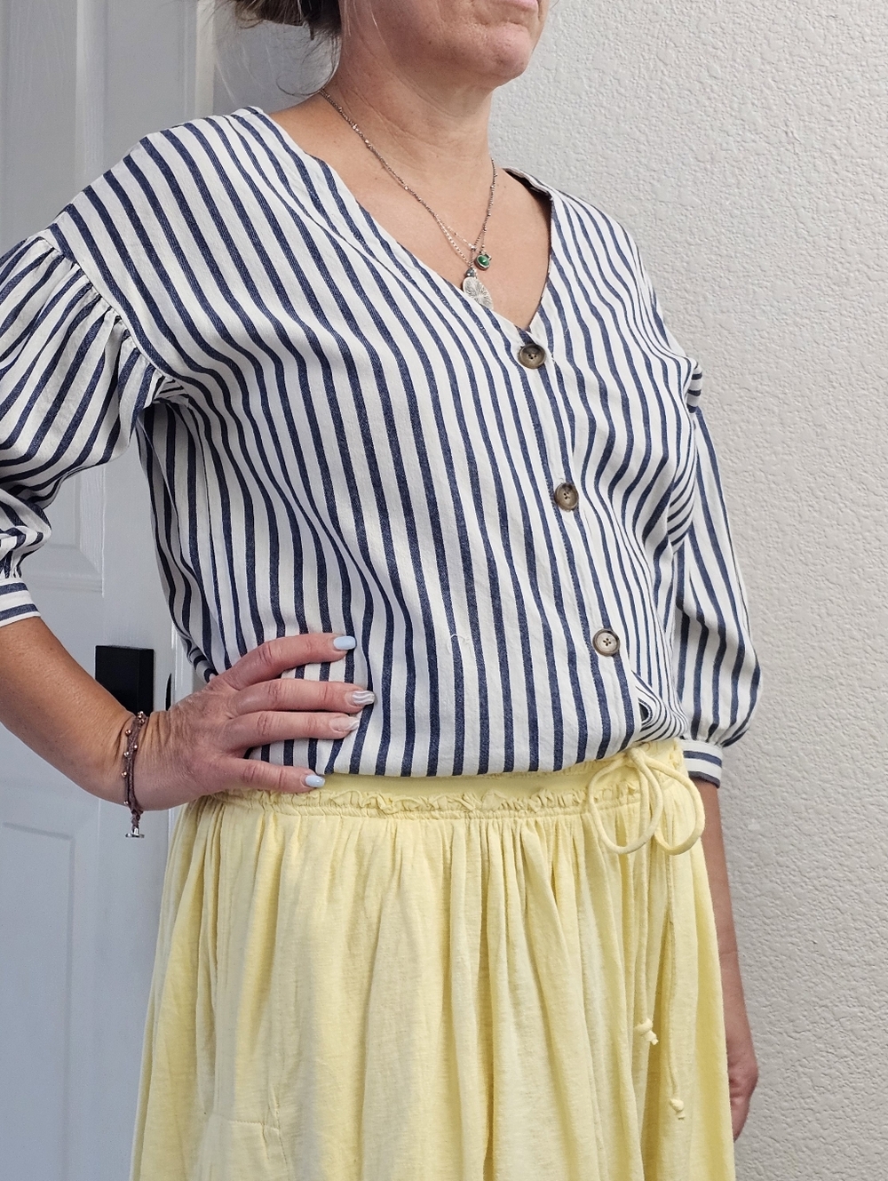 Ana A New Approach Blue Striped Button Up Colarless Top Size M Women 3/4 Sleeve.